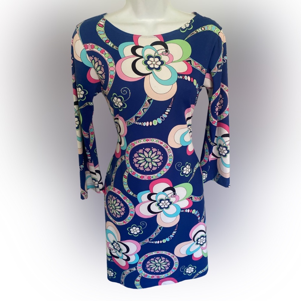 Melly M Blue Floral Pattern Dress -XS blue pink , nylon spandex